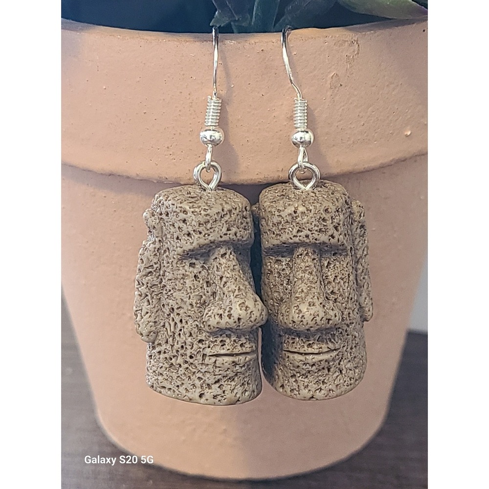 Easter Island Moai Head Drop Earrings Tan Stone Look Rapa Nui Statue Jewelry